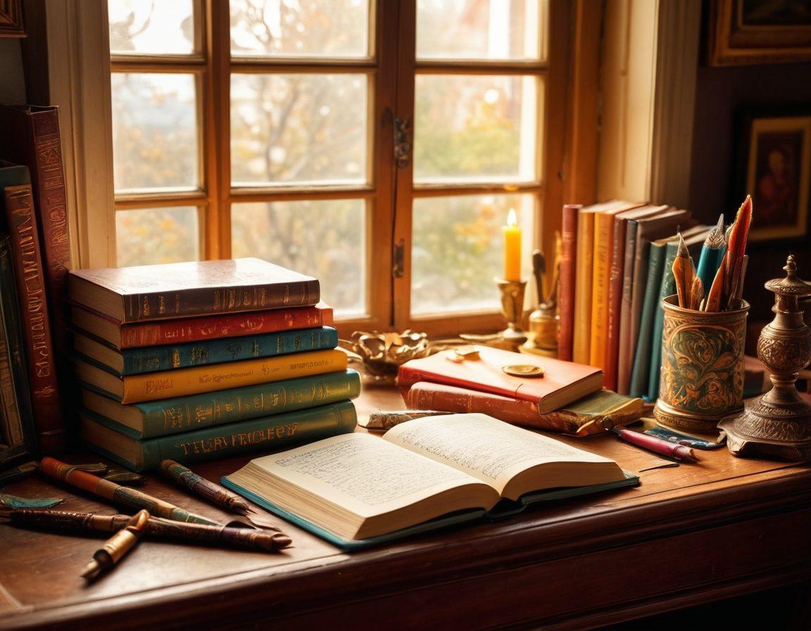 A captivating bookshelf overflowing with colorful books on writing and vocabulary, featuring vintage quills and inkwells scattered atop a beautifully ornate desk. The scene is illuminated by warm sunlight streaming through a nearby window, casting soft shadows. Each book cover showcases creative typography and vibrant illustrations that hint at the rich language within. An open notebook with expressive handwritten notes adds a personal touch. super-realistic. warm colors. inviting atmosphere.
