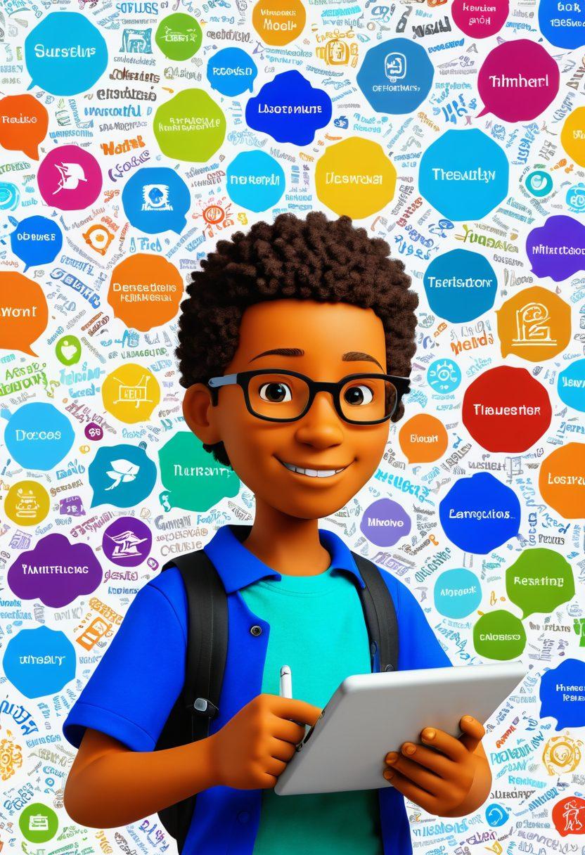 A dynamic collage featuring a smart, animated character interacting with various language tools like a thesaurus, vocabulary flashcards, and an interactive tablet displaying word connections. The background should blend educational elements such as word clouds and language symbols, all set in a vibrant, engaging learning environment. Emphasize a sense of discovery and exploration in language mastery. 3D. vibrant colors. white background.