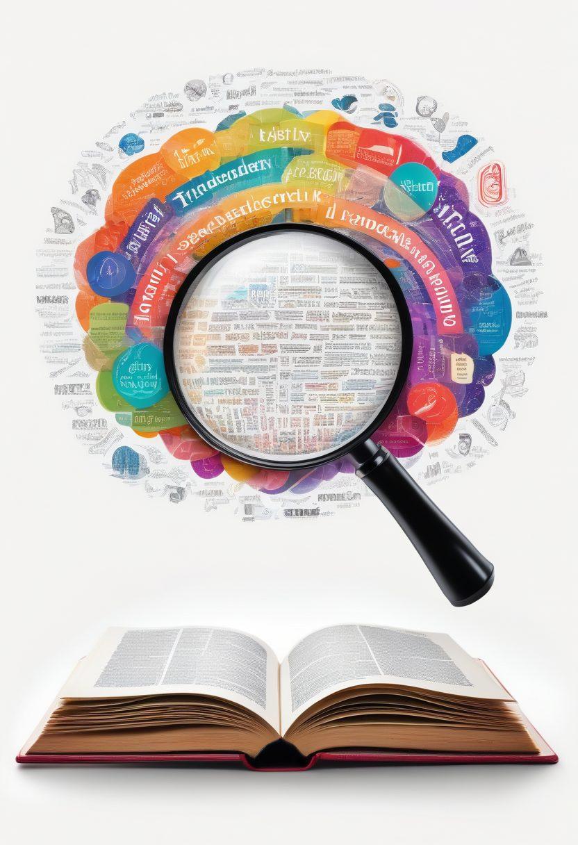 A vibrant and colorful collage of essential language tools, featuring open books with flowing text, a large magnifying glass highlighting intricate words, a mind map displaying vocabulary connections, and digital icons representing language learning apps. The background should include a subtle representation of a brain, symbolizing intellect and enhancement, with a glowing aura. super-realistic. vibrant colors. white background.